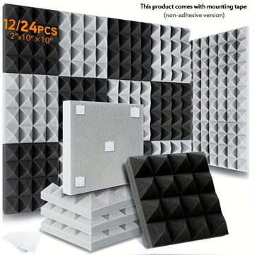12/24pcs Paneles de Espuma Acústica Piramidal OLOBLB - 25.4x25.4x5.08 cm, Espuma Absorbente de Sonido para Estudio en Gris/Blanco/Negro con Cinta de Montaje Incluida - Ideal para Oficina en Casa, Estudios de Grabación y Decoración de Techos