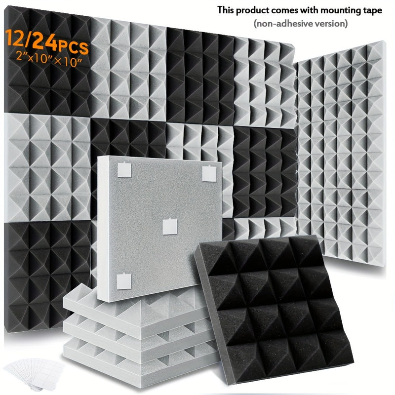 12/24pcs Paneles de Espuma Acústica Piramidal OLOBLB - 25.4x25.4x5.08 cm, Espuma Absorbente de Sonido para Estudio en Gris/Blanco/Negro con Cinta de Montaje Incluida - Ideal para Oficina en Casa, Estudios de Grabación y Decoración de Techos