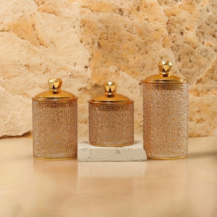 Juego de Tarros Sellados para Granos y Cereales, Envases Herméticos de PET Aroma a Dátiles del Medio Oriente con Tono Dorado Perla, Coloridos Recipientes Sellables - Set de Tres Piezas Ideal para Decoración en Cocina o Encimera
