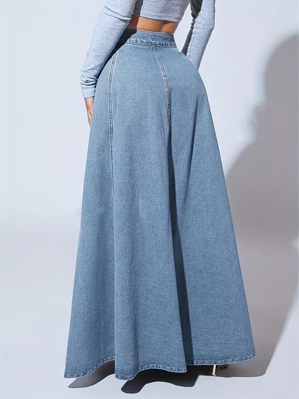 Falda larga acampanada de mezclilla de lavado claro liso, de un solo pecho, corte holgado, para mujer, jeans y ropa de mezclilla