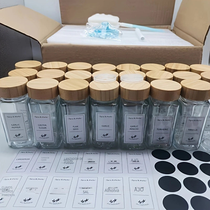 Un juego de 12 piezas / 6 piezas de tarros cuadrados para especias de vidrio con tapa de bambú, botellas pequeñas para condimentos de cocina doméstica
