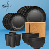 Juego de vajilla familiar premium para exteriores - 16 piezas irrompibles, aptas para microondas y lavavajillas, set negro con 8 platos, 4 tazones y 4 tazas