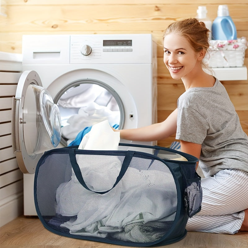Cestas de ropa plegables duraderas, canasta de ropa de malla con bolsillo lateral, canasta de almacenamiento de ropa plegable con asas de transporte reforzadas para ropa, baño, habitación de niños, dormitorio o viajes