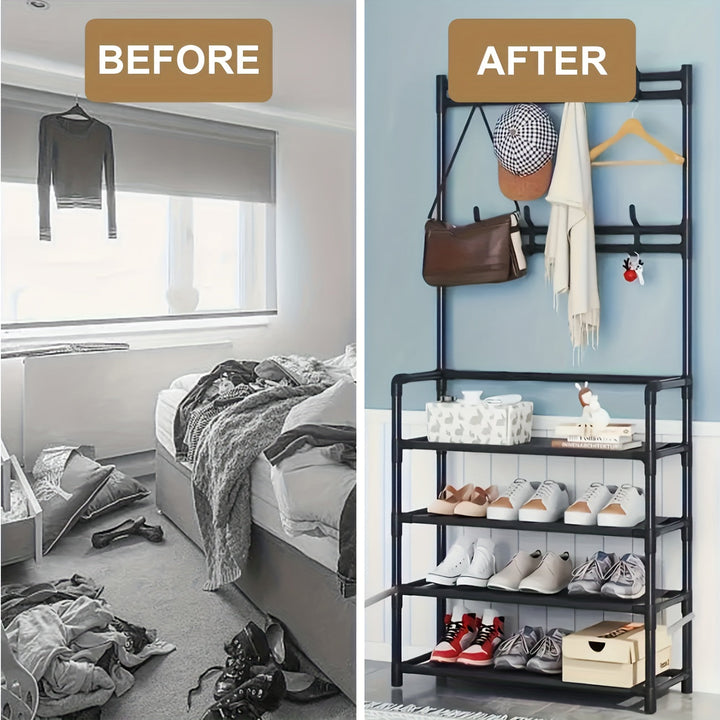 Estantería Multifuncional de 5 Niveles con 8 Ganchos Dobles - Organizador de Zapatos y Ropa en Acero Inoxidable, Marco Metálico Resistente para Sala, Baño o Tienda, Unidad Versátil de Almacenamiento, Estante Contemporáneo y Robusto, Ahorra Espacio