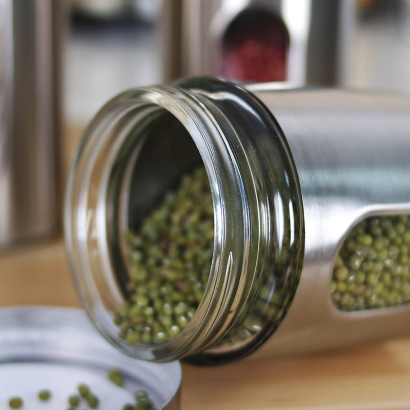 Tarros Herméticos de Acero Inoxidable con Tapas de Vidrio - Contenedores Multiusos para Granos, Té y Organización del Despensa, Reutilizables y Solo Lavado a Mano