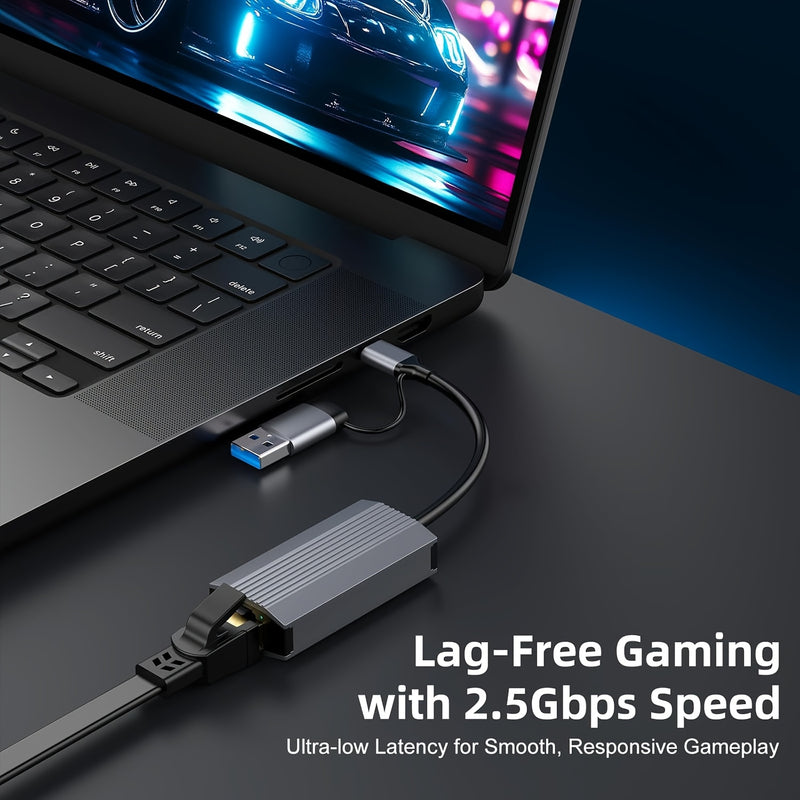 Adaptador USB-C Ethernet 2 en 1 con Velocidad de Internet de 2.5 Gb/s - Plug & Play, Sin Necesidad de Controladores, Compatible con Windows XP/7/8/8.1/10/11 para Portátiles/Tabletas/Smartphones