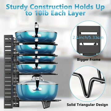 Organizador de ollas y sartenes de metal resistente de 8 niveles, antideslizante y resistente al óxido, diseño de pie para ahorrar espacio, ideal para cocinas en hogares y restaurantes, accesorio moderno y duradero para almacenamiento