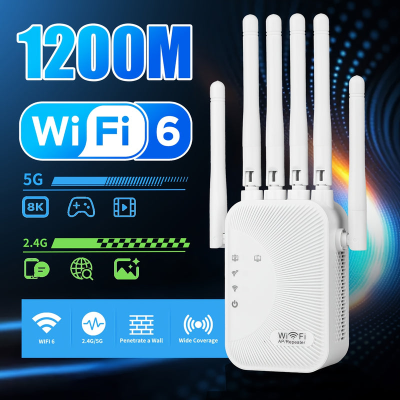 Repetidor de señal de Wi-Fi, mejorador de red doméstica, compatible con el sistema WIFI6 - Doble banda de alta velocidad, compatible con 2,4 GHz y 5 GHz, enchufa y juega, sistema de 6 antenas, cobertura estable para toda la familia, expansión de WiFi fác