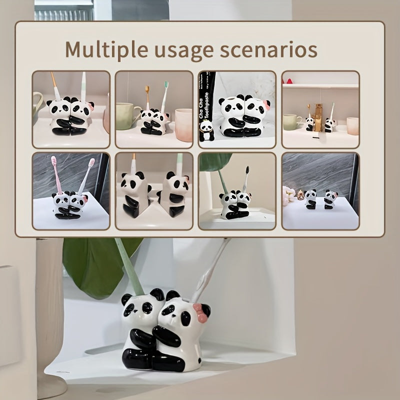 Soporte para Cepillos de Dientes de Cerámica con Diseño de Pandas Lindos, Almacenamiento Ultrasmooth Horneado a Alta Temperatura Sin Taladro para Parejas, Regalo Perfecto Adecuado para la Decoración del Baño