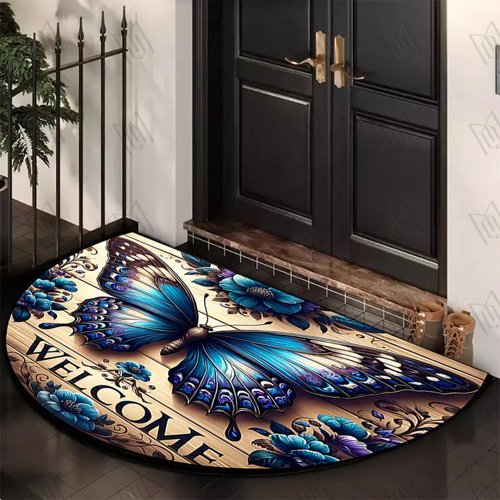 Alfombra de Puerta Semicircular con Patrón de Mariposas de Bienvenida - Antideslizante, Lavable de Poliéster, Ideal para Cocina, Porche, Baño, Lavandería, Sala de Estar, Sala de Juegos - Decoración de Estilo Granja para el Hogar y Jardín, Alfombra de Sue
