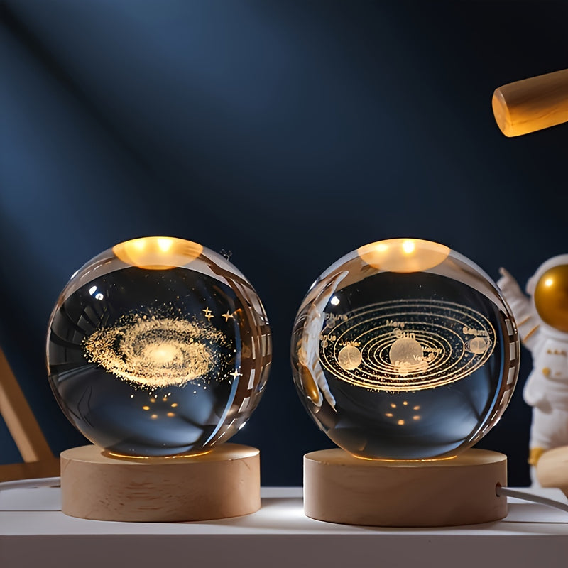 Conjunto de lámpara de mesa de cristal grabado con láser 3D moderno con patrones de Saturno, Luna, Galaxia, Sistema Solar - Base de madera con forma geométrica con alimentación USB para luz nocturna para decoración del hogar, regalo para mujeres, anivers