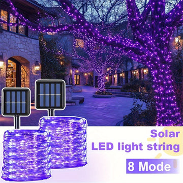 1 Paquete de Luces de Cuerda LED Solares para Exterior, Impermeable IP65, 8 Modos, Luces de Hadas Moradas para Árbol, Jardín, Navidad, Halloween, Día de Acción de Gracias, Día de San Valentín, Decoraciones de Bodas - Energizado por Energía Solar, Batería