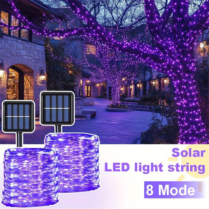 1 Paquete de Luces de Cuerda LED Solares para Exterior, Impermeable IP65, 8 Modos, Luces de Hadas Moradas para Árbol, Jardín, Navidad, Halloween, Día de Acción de Gracias, Día de San Valentín, Decoraciones de Bodas - Energizado por Energía Solar, Batería