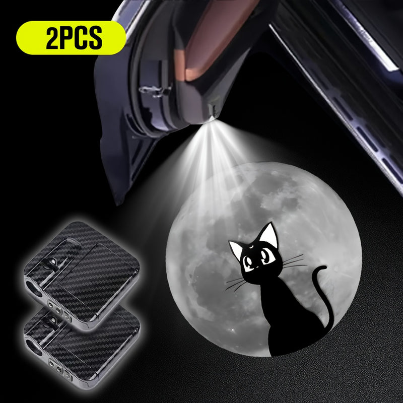 2 piezas de Luz de Bienvenida con Proyección Lunar y Gato LED - Función de Encendido Automático en la Puerta del Coche, Alimentado por Baterías (Baterías No Incluidas) - Regalo Perfecto para San Valentín, Día de la Madre, Día del Padre, Halloween y Mardi