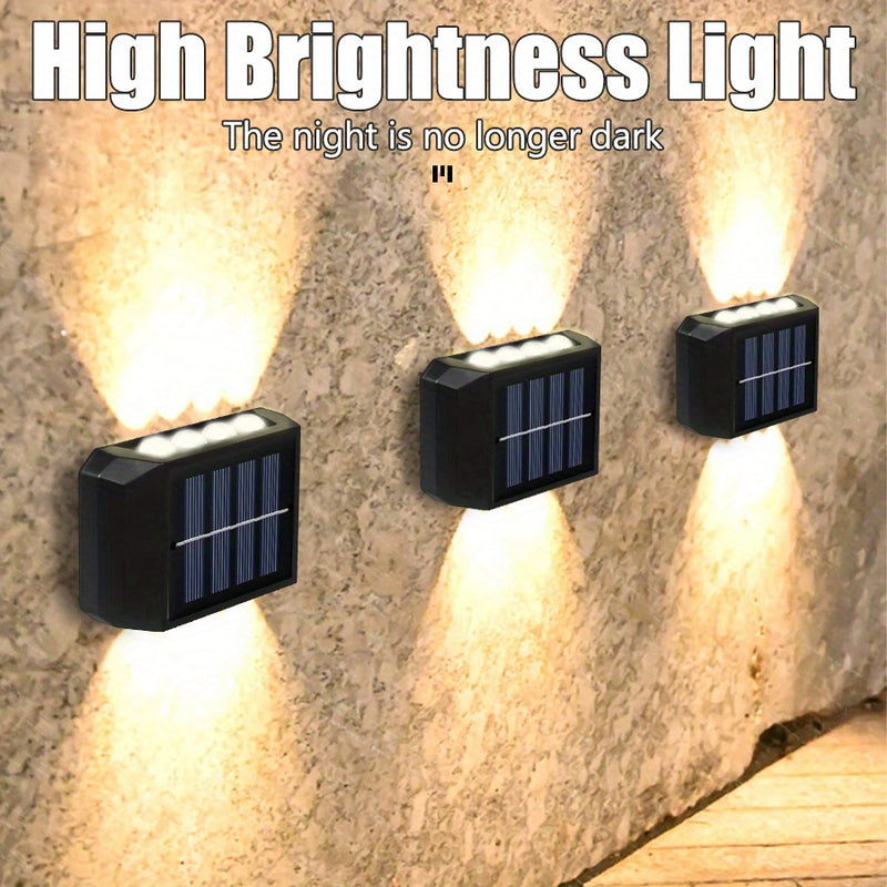 Compra 4 luces solares de pared y obtén 3 lámparas USB gratis. Luces LED solares de 4/6/8 con iluminación ascendente-descendente para jardín, balcón o decoración callejera. Fácil instalación, alta luminosidad que destierra la oscuridad