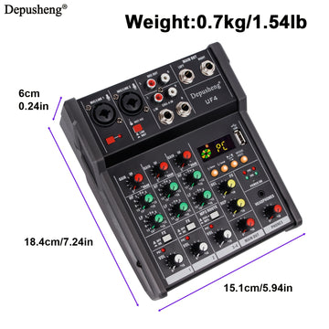 DEPUSHENG Mezclador de Audio Digital de 4 Canales para USB, MP3, Estudio de DJ Estéreo y Streaming – Consola de Sonido Profesional con Material ABS, Negro, Perillas y Botones Multifuncionales para Mezclar, Grabar y Reproducir, Equipo de DJ|Diseño Elegant
