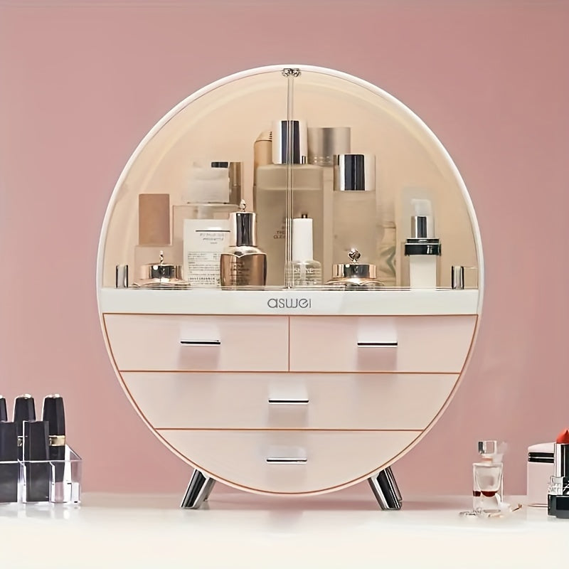 Organizador de cosméticos redondo con cajones, caja de almacenamiento de maquillaje de plástico de gran capacidad, estuche de tocador, elegante y que ahorra espacio para tocador y baño