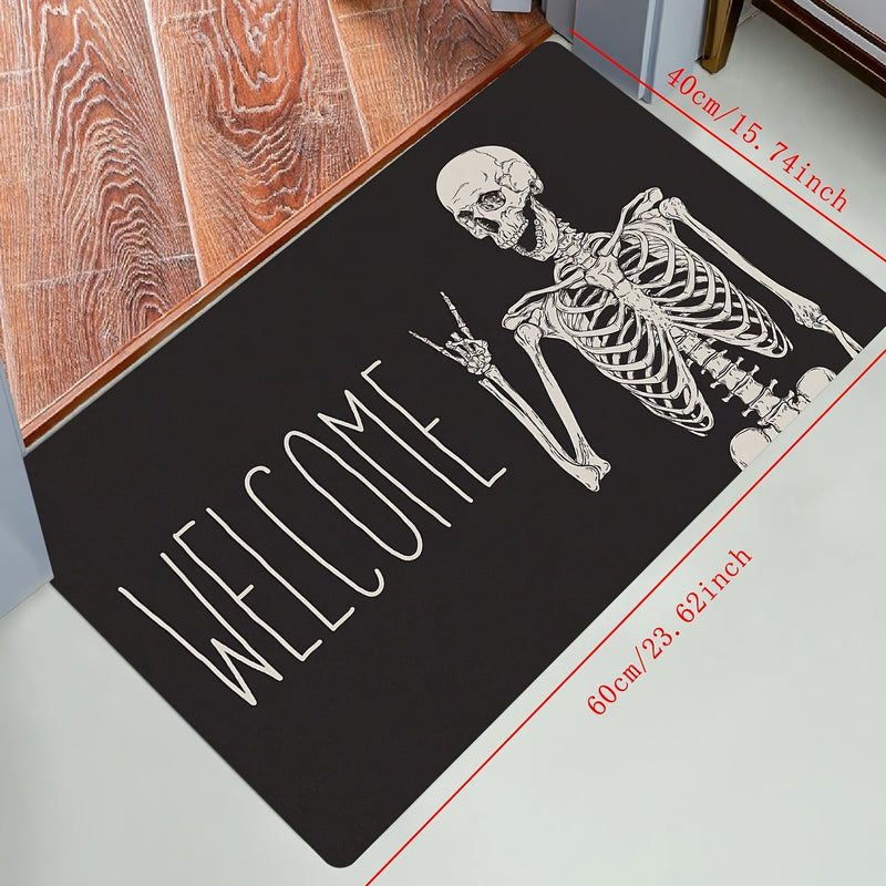 1 alfombrilla de entrada con diseño de calavera juguetón, ideal para fiestas de Halloween y decoración, hecha de poliéster negro, lavable en máquina, de 1 cm de grosor, 700 g/m². Perfecta para decorar tu hogar o negocio.