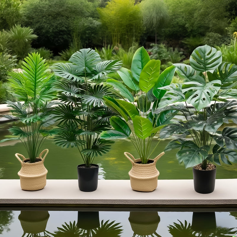 Juego de 4 piezas, incluye combinación de plantas artificiales de hojas grandes. Ideal para exteriores—árbol decorativo tropical de hoja ancha, macetas para interior y exterior todo el año, bodas, hoteles, jardines, patios estilo nórdico, decoraciones pa