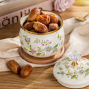 Tarro de azúcar floral esmaltado con tapa dorada, 1 unidad – Hermético, multiusos para almacenar café, té y alimentos, diseño redondo, solo lavado a mano