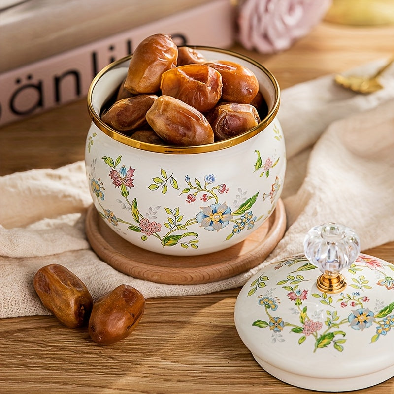 Tarro de azúcar floral esmaltado con tapa dorada, 1 unidad – Hermético, multiusos para almacenar café, té y alimentos, diseño redondo, solo lavado a mano