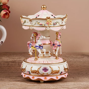 1 Pieza de Elegante Caja de Música Carrusel con Manivela - Decoración para el Hogar en Resina con Diseño Floral, Toques Rosados y Dorados y Detalles de Piedras Preciosas, Ideal para Sala u Oficina, Estética Decorativa