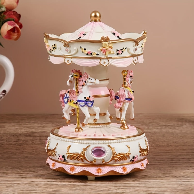 1 Pieza de Elegante Caja de Música Carrusel con Manivela - Decoración para el Hogar en Resina con Diseño Floral, Toques Rosados y Dorados y Detalles de Piedras Preciosas, Ideal para Sala u Oficina, Estética Decorativa