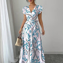 Elegante vestido de verano con estampado floral y cuello en V, con cinturón, de poliéster ligero, mangas cortas, falda de línea A y estilo suelto para mujeres, ideal para vacaciones o salidas informales, ropa para salidas informales | Vestido con estampa