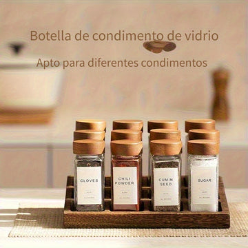 Juego de 12/6 tarros de especias de vidrio con tapas de madera, resistente a la herrumbre, contenedores de condimentos de vidrio con patrón con soporte