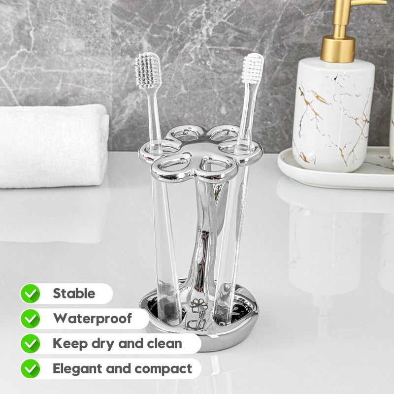 Portacepillos de dientes para baño, contenedor de almacenamiento cerámico en forma de flor, puede sostener 6 cepillos de dientes estándar (Plateado)
