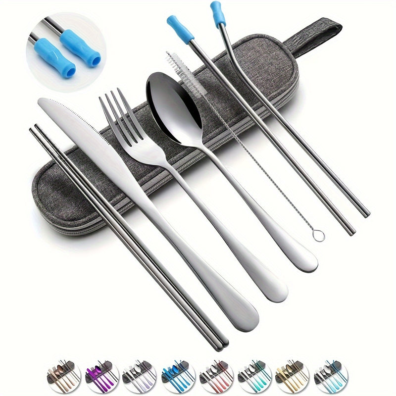 Utensilios Portátiles, Juego de Cubiertos para Viaje y Camping, 8 piezas incluyendo Cuchillo, Tenedor, Cuchara, Palillos, Cepillo de Limpieza, Pajitas, Estuche Portátil, Juego de Cubiertos de Acero Inoxidable