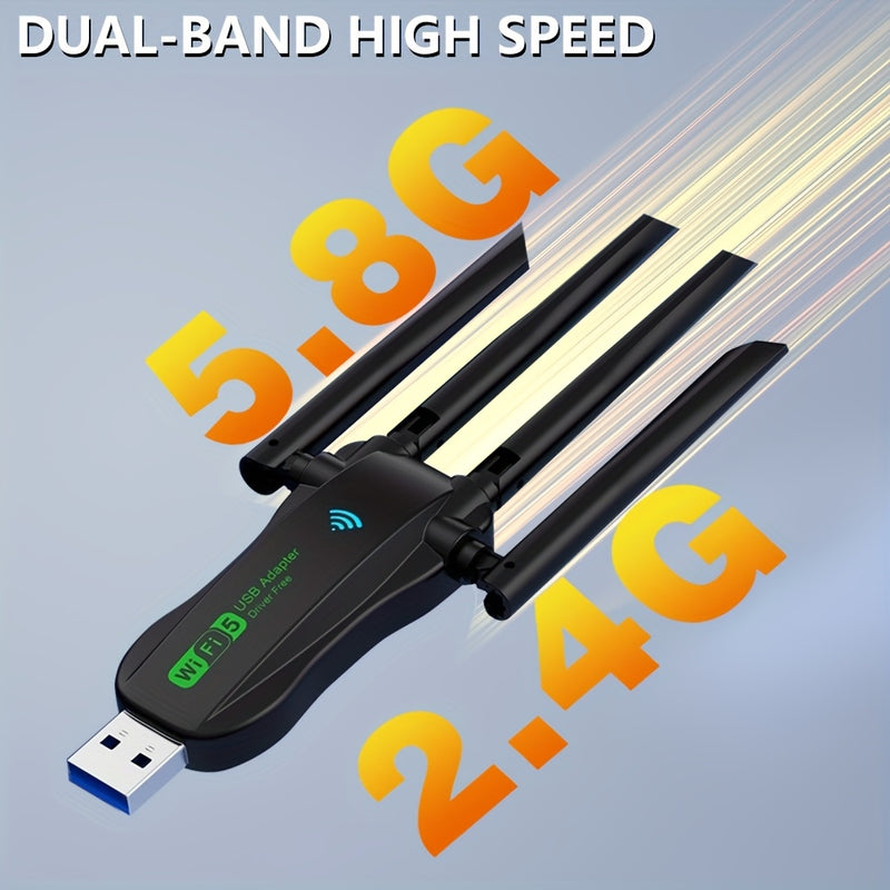 Tarjeta WiFi Doble Banda de VszaPower 1300Mbps 2.4G/5.8G con USB 3.0 y 4 Antenas de Alta Ganancia, Conectar y Listo, Sin Controladores Necesarios, Portátil para PC, Laptop y Escritorio, Actualización de Red Doméstica, Conectividad Plug and Play | Adaptad