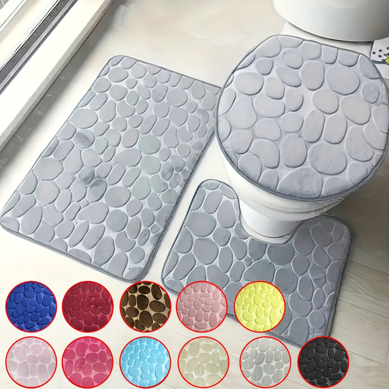 Juego de 3 alfombras de baño con relieve en forma de adoquines, ultra suaves y antideslizantes, alfombras absorbentes para bañera con contorno en forma de U clásico, accesorios y suministros para baño