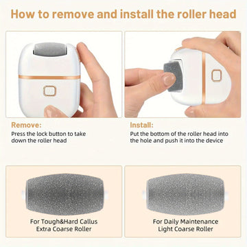 FEIYBA Eliminador Eléctrico y Lijadora de Pies - Lima de Uñas con Carga USB, 2 Velocidades (Rápido/Lento), 3 Cabezales Reemplazables, Herramienta Inalámbrica para Talones Agrietados, Manos y Pies - Diseño Blanco y Dorado, Dispositivo Profesional de Pedic