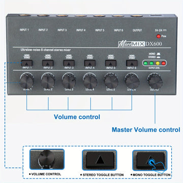 Mezclador de Audio de 6 Canales con Entrada y Salida Estéreo, Carga USB, Voltaje de Operación ≤36V, Negro - Ideal para Mezcla de Guitarra, Bajo, Teclado, Actuaciones En Vivo, Grabación de Estudio, Mezclador Musical