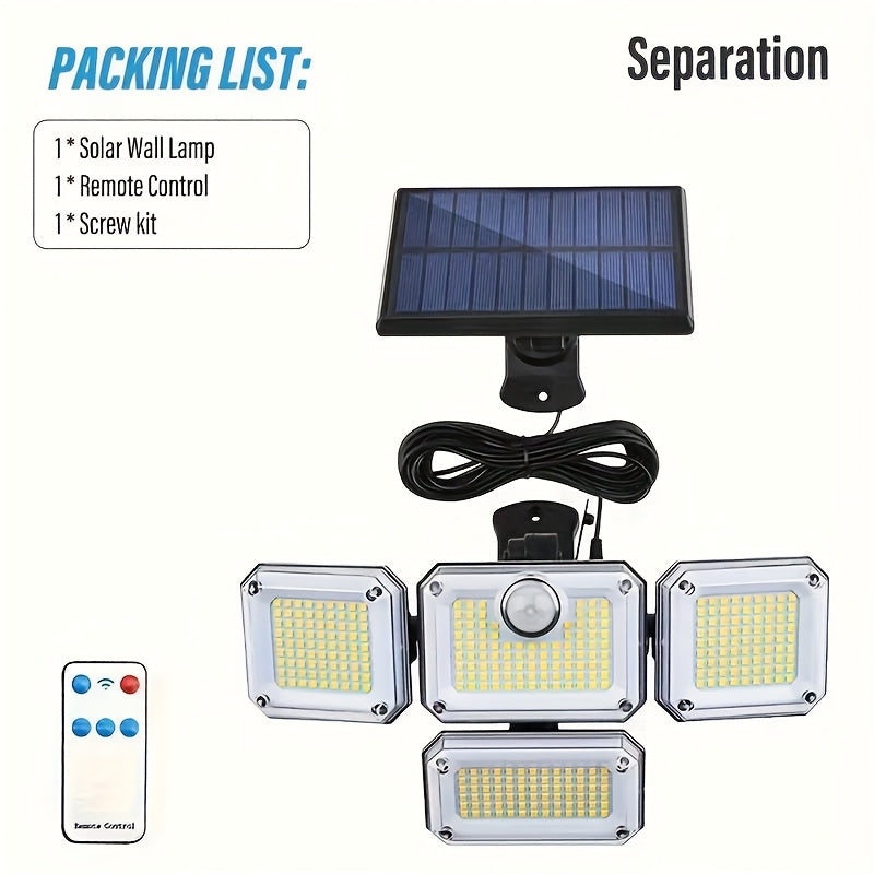 Luz solar para exteriores, 333 LED, con sensor de movimiento, 3 modos con control remoto, luz solar de 4 cabezales, ideal para patio, cochera, porche, jardín, luz solar de pared de 4 cabezales con 333 LED y 3 modos de efecto de luz