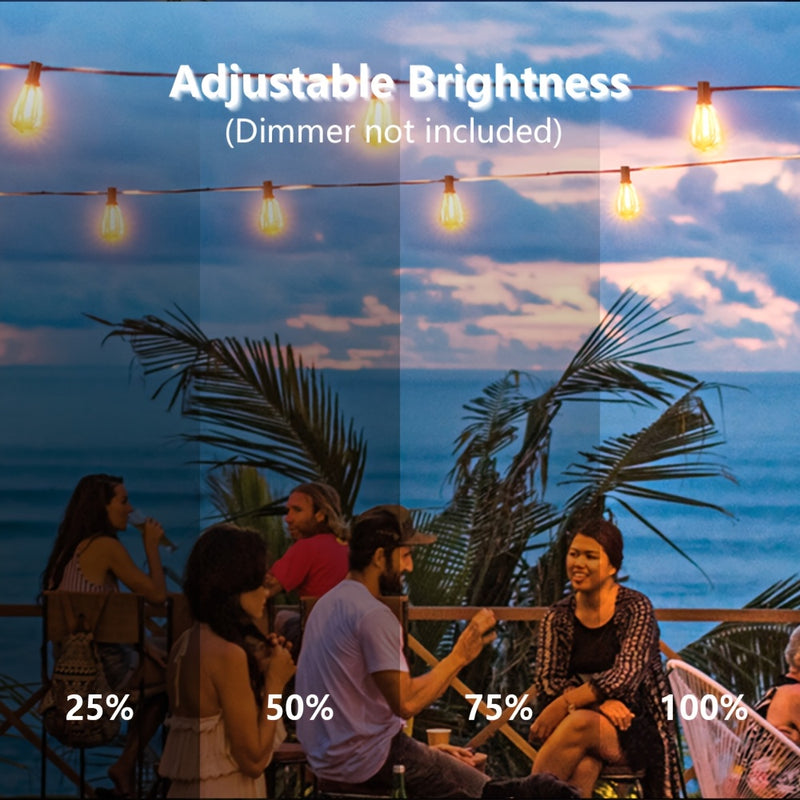 Luces de cuerda ST38 para exteriores, 106 pies, 50+4 bombillas LED regulables, resistentes al agua, amarillo brillante 2700K, enchufe US 110-130V, candelabro semiempotrado para patio, bistro, fiestas, bodas, jardín, gazebo, terraza, porche - No requiere