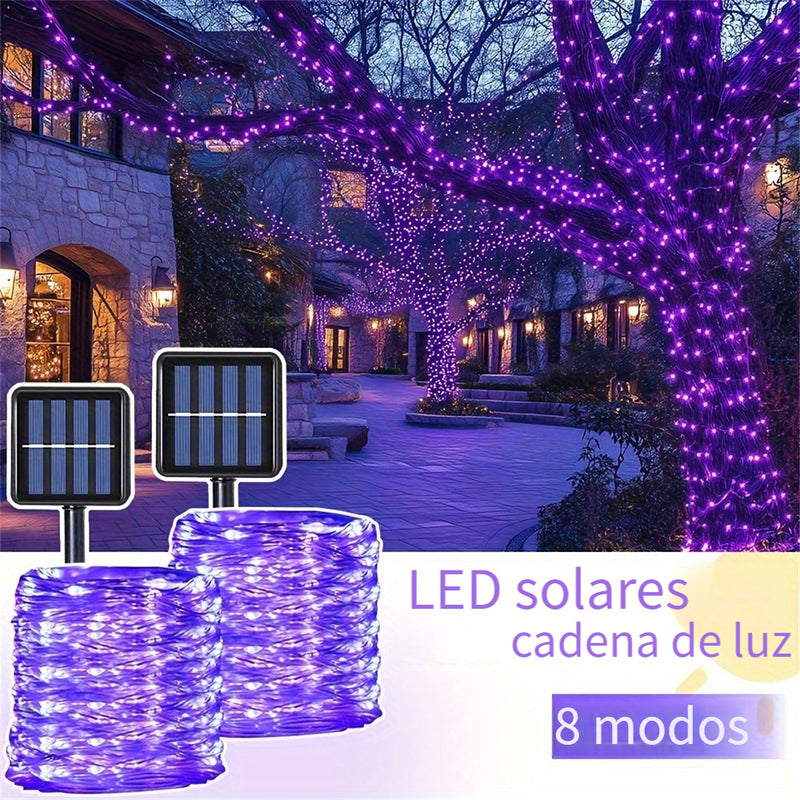 1 Paquete de Luces de Cuerda LED Solares para Exterior, Impermeable IP65, 8 Modos, Luces de Hadas Moradas para Árbol, Jardín, Navidad, Halloween, Día de Acción de Gracias, Día de San Valentín, Decoraciones de Bodas - Energizado por Energía Solar, Batería