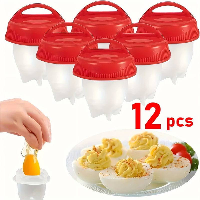 12 piezas de pochos de huevo de silicona - Tazas de cocina resistentes a altas temperaturas y antiadherentes para huevos cocidos perfectos, preparación de desayuno sin cáscara fácil, diseño rojo y blanco, accesorios para cocinar huevos