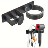 Soporte de pared para secador de pelo con ganchos para accesorios - Organizador de almacenamiento para baño para secador de pelo, plancha, rizador - Estante sin taladrar, que ahorra espacio para toallas, joyas - Soporte duradero no eléctrico
