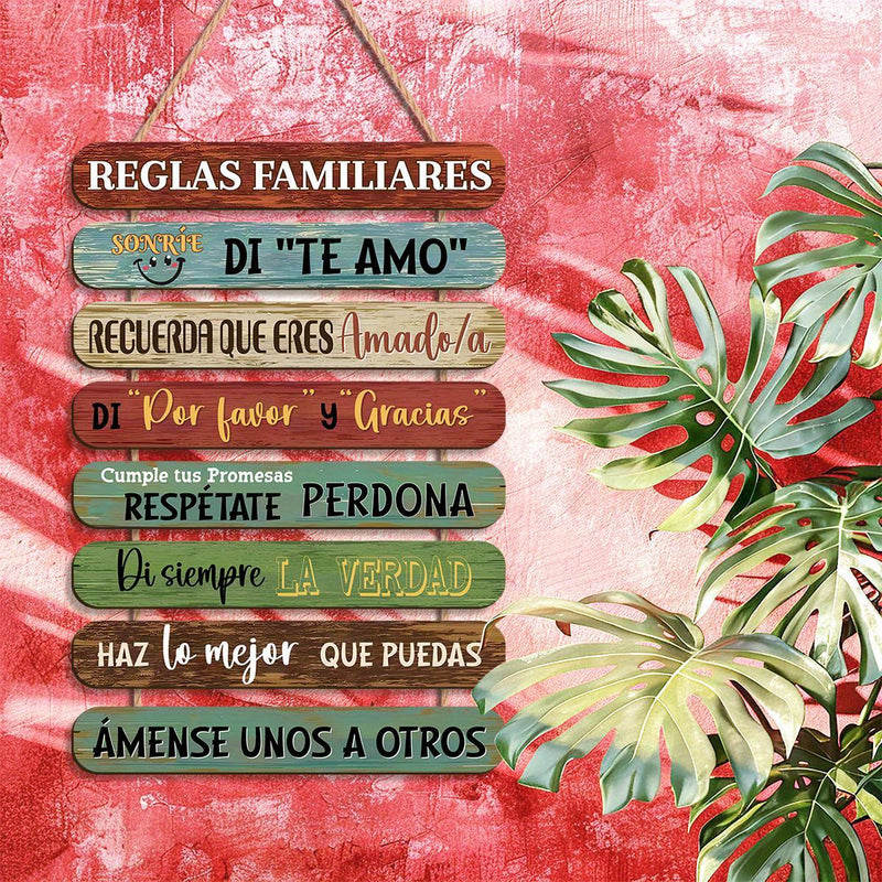 1 pieza de arte de pared de madera moderna con cita de reglas familiares - Señal inspiradora española de colores, adecuada para decoración del hogar y la oficina, fácil de colgar, pintura colgante con cuerda, decoración del hogar.