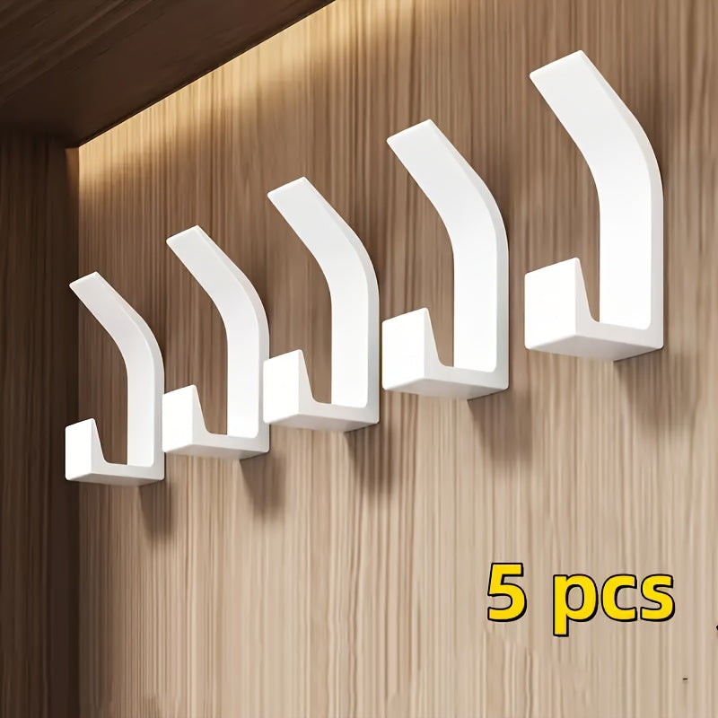 Juego de 5 ganchos adhesivos para pared, sin taladro, fáciles de instalar - Ganchos para toallas y abrigos, ahorradores de espacio, estilo moderno, plástico, para baño, dormitorio y organización del hogar