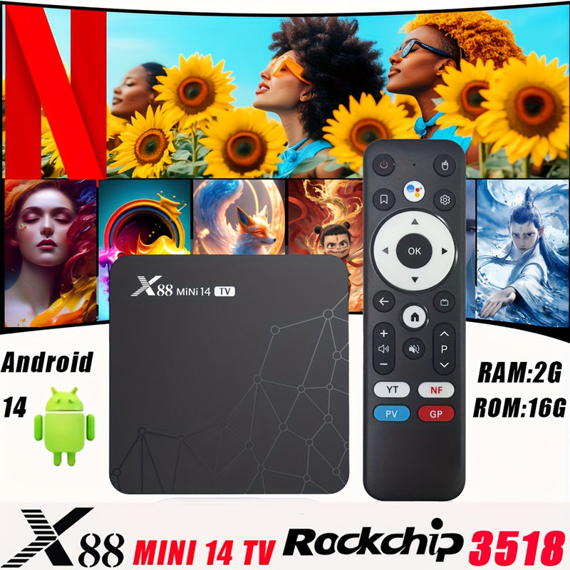 88MINI 14 TV Android 14 Caja de TV | Decodificación 4K@60Hz HDR 8K | RK3518 Quad Core + Mali GPU | 2GB RAM+16GB ROM, Enchufe US | WiFi Dual Band 6 y BT 5.0 | Expandible a 64GB | HD 2.0b | Control Remoto Infrarrojo Multilingüe con Voz | Portátil para Hoga