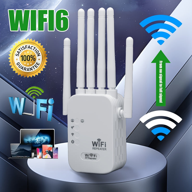 [2D Plano] Amplificador de señal WiFi, Repetidor WiFi, Compatible con WIFI6, Equipado con un puerto Ethernet, Con 6 antenas para cobertura de 360°, Alcanzando hasta 11,000 pies cuadrados, Adecuado para más de 35 dispositivos, Y puede configurarse con sol