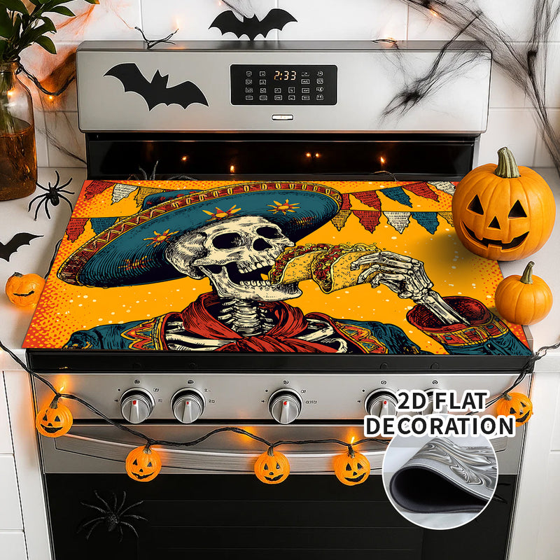 1pc Decoración de Estufa para Halloween - Esqueleto Mexicano, Revestimiento Antideslizante de Goma, Cubierta Plana Fácil de Instalar para Cocinas Eléctricas/Gas - Protector de Electrodomésticos y Decoración Festiva, Pieza Duradera en 2D