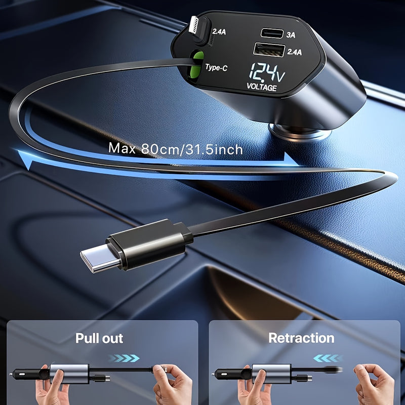 66W de Salida Máxima, Cargador Rápido para Auto con Cable Telescópico y 2 Puertos USB, Compatible con iPhone 15/15 Pro Max/14 Pro Max/13/12/11, Samsung, Xiaomi, Galaxy S23/22, Pixel