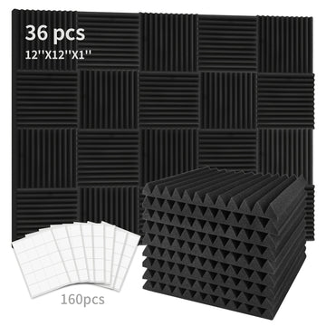 Juego de 36 Paneles de Espuma Acústica para Estudio - Cuñas Incombustibles para Aislamiento Acústico con Adhesivo Doble Cara, Ideales para Hogar, Oficina y Espacios de Grabación - 1" x 12" x 12