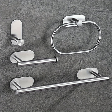Juego de 4 Accesorios para Baño - Incluye Barra para Toallas, Porta Anillos, Soporte para Papel y Ganchos para Fácil Montaje en Pared, Accesorios de Baño