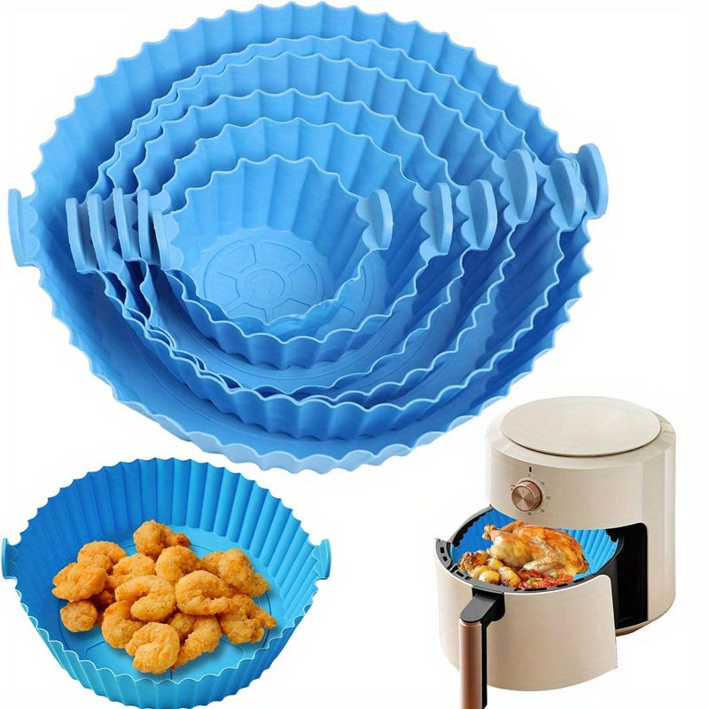 6 piezas de Forros para Freidora de Aire de Silicona - Moldes Antiadherentes Azules con Borde Festoneado y Diseño Perforado para Distribución Uniforme del Calor, Desmoldeo Fácil, Cocina Sin Aceite Saludable - Seguro para Alimentos, Reutilizables, Compati