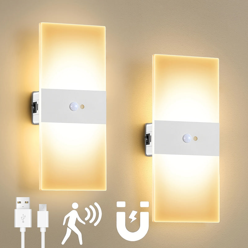 2 Luces de Pared Cálidas/Frías con Sensor de Movimiento, Instalación Magnética Sin Taladro, Carga USB para Dormitorio, Sala de Estar, Pasillo y Escaleras